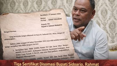 Tiga Sertifikat Disomasi Bupati Sidoarjo, Rahmat Muhajirin Tegaskan Sudah Jadi Barang Bukti Mabes Polri